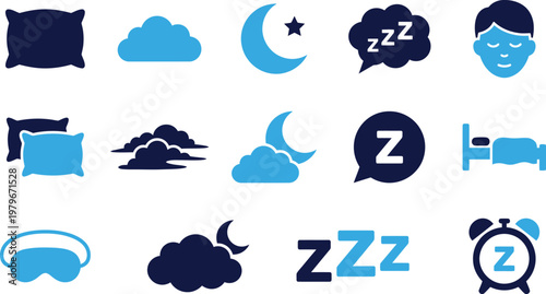 Set of sleep and rest related icons including pillows clouds moon zzz symbol.