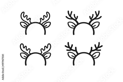 Set of four minimalist black line art reindeer antler headband icons with small ears, perfect for Christmas holiday costume designs, festive party accessories, and winter celebration graphics.