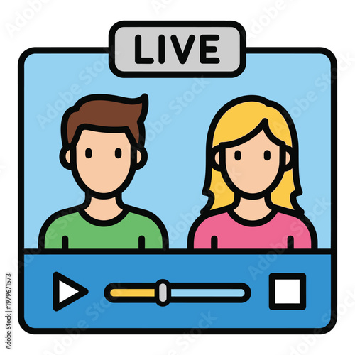 Cartoon people on live video streaming with controls  online broadcasting and communication icon