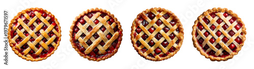 Fresh baked cherry pies with lattice crust for dessert menu design, PNG set isolated on transparent background