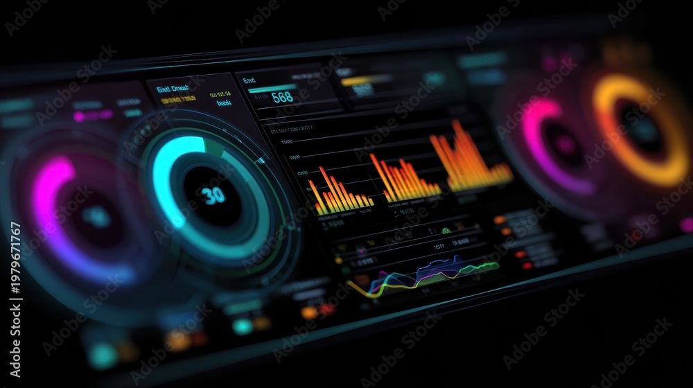 Fototapeta premium Big Data Analytics Dashboard With Colorful Charts Displaying Insights for Business Intelligence in a Dark Environment
