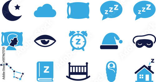 Assortment of sleep and night related icons featuring moon stars zzz pillows and bed.