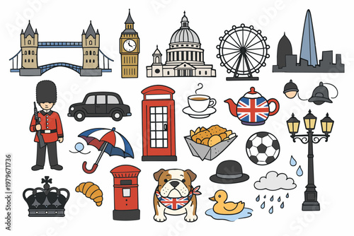 London England Icons Doodle Sketch Set with British Landmarks, Tower Bridge, Big Ben, Red Telephone Box, Queen's Guard, Black Cab, Tea, Fish and Chips, Bulldog, and Cultural Symbols of United Kingdom