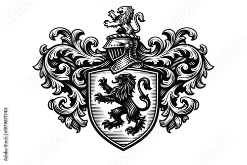 Medieval Heraldic Coat of Arms with Rampant Lion Shield, Knight Helmet, and Ornate Acanthus Leaf Mantling. Vintage Family Crest Vector Illustration for Luxury Branding and Historical Design.