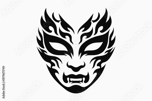 Minimalist high contrast black ink mask vector illustration featuring tribal flame patterns for artistic design, decoration, and tattoo inspiration. Stylized superhero or villain face mask icon.