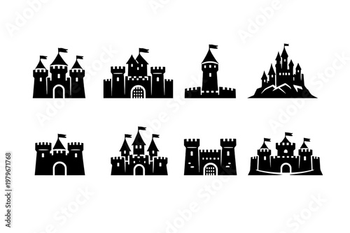 Set of Bold Medieval Castle Silhouettes, Fortress and Tower Icons for Graphic Design, Simple Flat Vector Illustration of Ancient Strongholds, Palaces, and Kingdoms for History and Fantasy.
