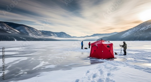 Ice fishing in snowy winter landscape with tent and people activity on frozen lake adventure