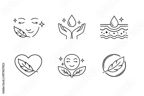 Sensitive Skin Icon Set for Organic Cosmetic Skin Care, Featuring Feather Icons for Softness, Water Drops for Hydration, and Natural Leaf Elements for Hypoallergenic and Healthy Beauty Products