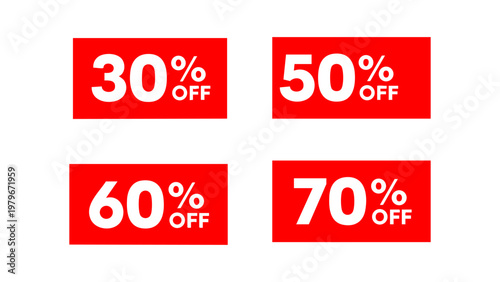 Modern bold red sale discount badges set featuring 25%, 50%, and 70% off labels. Perfect for marketing promotions, e-commerce, banners, and social media advertising.