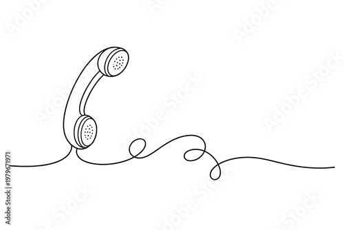 Simple One Continuous Line Drawing of an Old Vintage Landline Phone Receiver with Curly Cord for Communication and Technology Concept, Minimalist Retro Telephone Vector Illustration on White