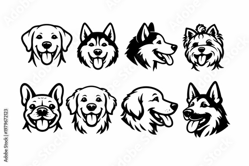 Vector set of dog head illustrations featuring breeds like Golden Retriever, Husky, German Shepherd, French Bulldog, and Yorkie in frontal and profile views with happy smiling expressions