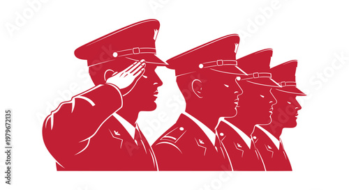 Four military soldiers in uniform saluting, patriotic red silhouette vector illustration design.