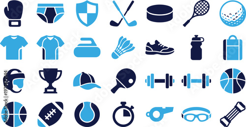 Sports and fitness icons: boxing gloves, shorts, shield, golf, hockey, badminton, shoes.