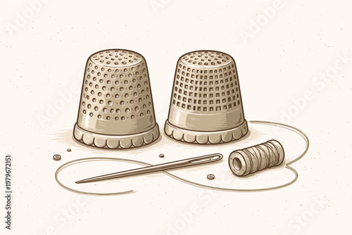 Vintage Thimble Set with Sewing Needle and Thread Spool, Hand Drawn Vector Illustration of Antique Tailor Tools for Needlework, Crafting, and Embroidery, Isolated on Textured Background