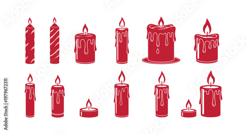 Collection of red candle vector icons featuring dripping wax and spiral designs for decorations.