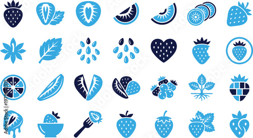Collection of colorful fruit icons representing strawberries kiwi and citrus slices.