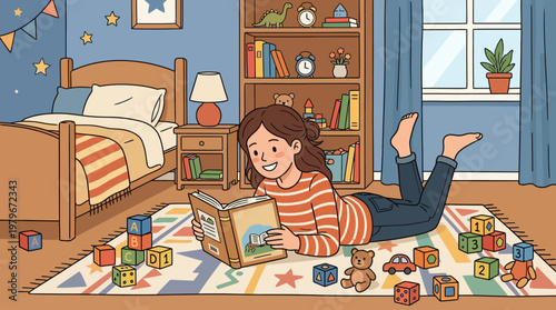 Girl Reading on Floor.