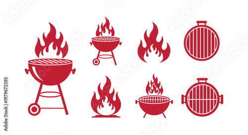Red Barbecue Grill and Hot Fire Flame Icon Set for Outdoor Cooking Picnic and Summer Party Events