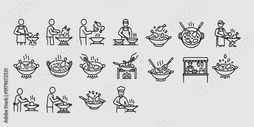 icon set collection of professional chefs and home cooks preparing deep fried chicken in a kitchen wok over a gas flame.