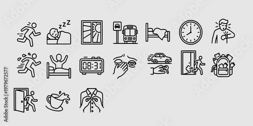 icon set collection of daily morning activities, waking up, getting dressed, and the rush of being late for work.