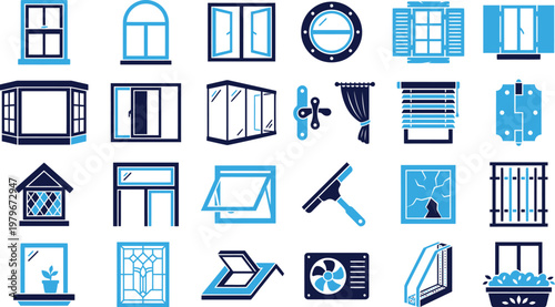 Assortment of various windows and window related items on white background.