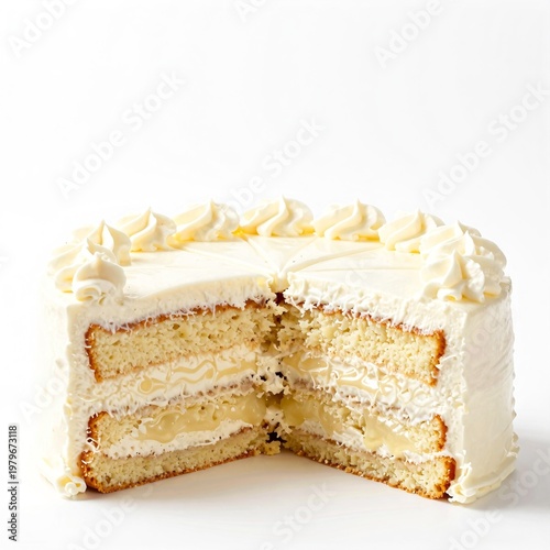 White-frosted layered cake with creamy filling, one slice removed. Smooth frosting decorates top and sides. Soft golden cake layers visible inside. Perfect for sweet treats, birthday parties