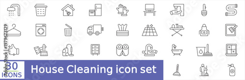  House Cleaning icon set. Housekeeping related line icons washing, vacuum cleaner, detergent, cleaning tools, equipment, household appliances and more. Editable stroke. Vector