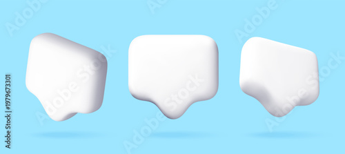 Three white 3D message bubbles on light blue background. Social media notification icons with communication concept. Minimalist design element for web chat interface and app UI. Vector illustration
