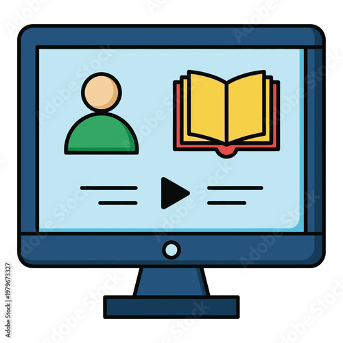 Computer monitor displaying online education video tutorial on screen interface icon