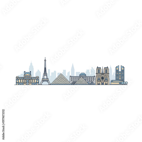 City skyline with famous landmarks illustration.