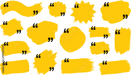 Collection of yellow quote bubbles and brush strokes with quotation marks