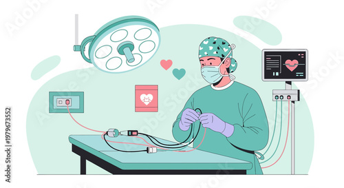 Surgeon Performing Complex Heart Surgery with Advanced Medical Equipment