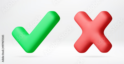 3D green check mark and red cross mark. Rendered symbols of true or false, yes or no, right or wrong. Icon design for choice, decision, feedback, assessment and quality control. Vector illustration
