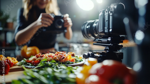 Food blogger and photographer reviewing photos on camera in kitchen