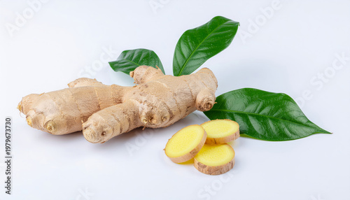 Fresh ginger roots with green leaves and slices