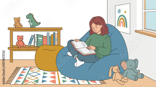 Woman Sitting on Beanbag.