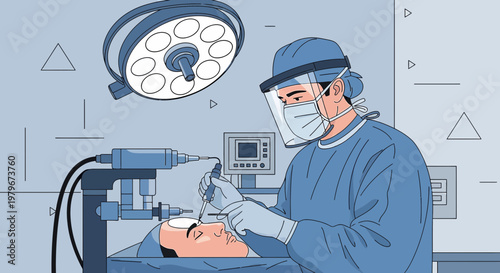 Surgeon Performing Eye Surgery with Advanced Equipment in Operating Room