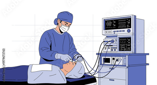 Surgeon Performing Eye Surgery with Anesthesia Machine and Patient in Operating Room