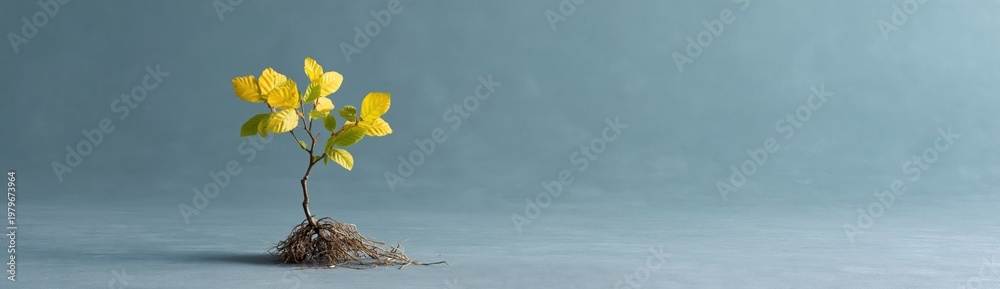 Naklejka premium Young seedling with yellow leaves standing on bare soil plain backdrop