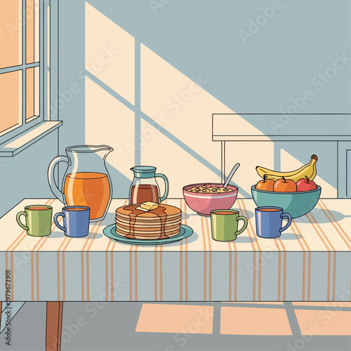 A bright morning breakfast scene with pancakes, fruit, cereal, and juice set on a table bathed in sunlight.