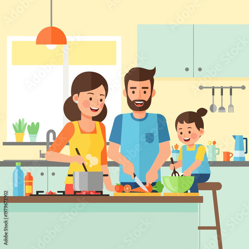 A happy family of three, a mother, father, and daughter, are cooking together in a bright, modern kitchen, preparing a healthy meal.