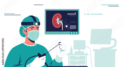 Surgeon Performing Laparoscopic Kidney Surgery with Monitor Displaying Kidney Anatomy