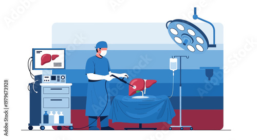 Surgeon Performing Laparoscopic Liver Surgery with Advanced Medical Equipment in Operating Room