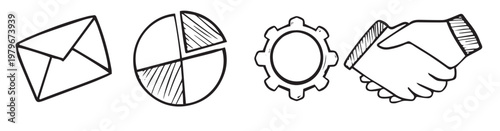 Hand drawn marketing icon illustration doodle. Collection of hand drawn business and finance icons and symbols for presentations. Business and Career Development Icon Set, vector illustration.