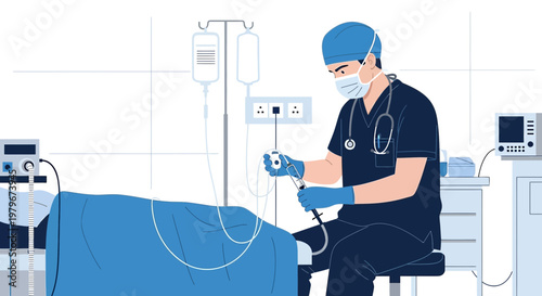 Surgeon Performing Laparoscopic Surgery in Modern Operating Room with Medical Equipment