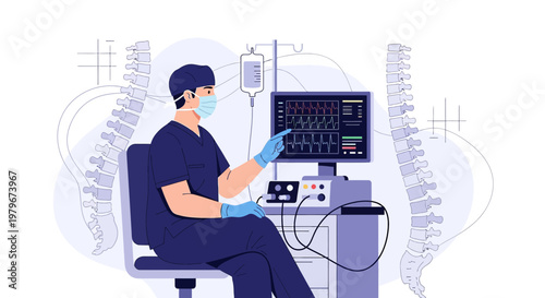 Surgeon Monitors Patient Vitals on ECG Machine During Surgery in Operating Room