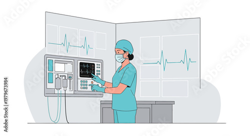Surgeon Monitors Patient Vitals on ECG Machine in Modern Operating Room