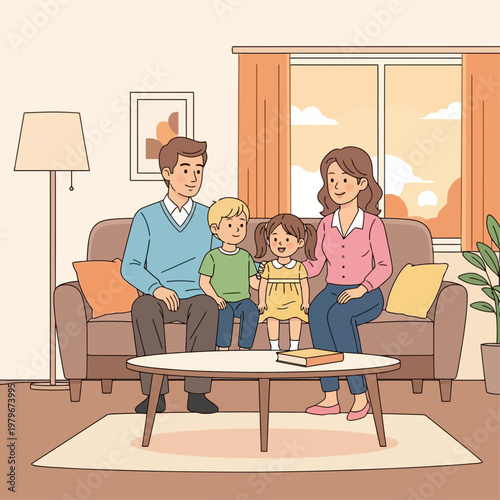 A happy family of four, including parents and two young children, sitting together on a sofa in a cozy living room.