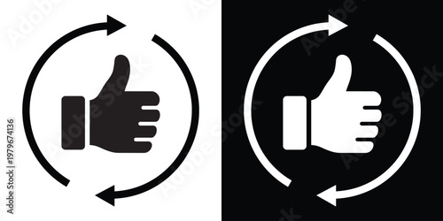 Simple vector illustration of a thumbs-up symbol enclosed in circular arrows, representing refresh, update, approval cycle, or continuous positive feedback. Clean monochrome design.