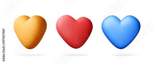 Three 3d colorful hearts isolated on white. Rendered glossy heart shape set for love, romance and Valentine day greeting card design. Modern icon symbol of affection element. Vector illustration